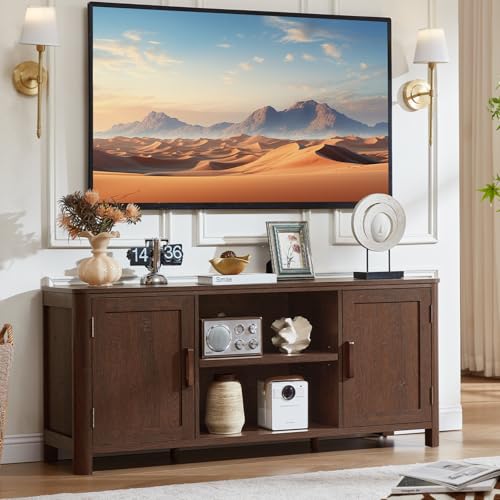 Joaxswe Farmhouse 55" Entertainment Center,Walnut Tv Stand with Adjustable Shelves & 2 Door Storage,Wooden Media Console Cabinet for TVs Up to 65 inches, Rustic Tv Stands for Living Room,Bedroom - color: Walnut