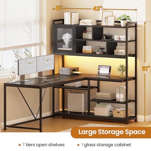 SEDETA L Shaped Computer Desk, 58'' Office Desk with LED Light and Bookshelf, L Shaped Corner Desk with Storage Shelves for Home Office, Gaming Desk, L Desk, Black - color: Black