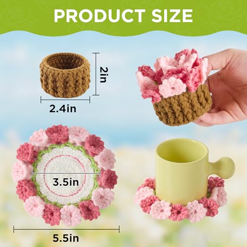 Flower Crochet Coasters, Handmade Bouquet Blanket Coaster with Crochet Plant Pot Fun Soft Decorative Drink Coasters for Coffee Tabletop Protection and Home Decor (Blush Pink, 1Pc) - color: Blush Pink, size: 1Pc