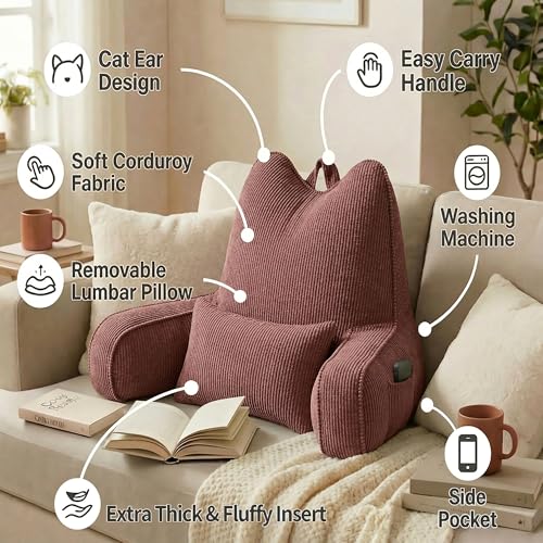 Patented Design Lounge Pillow with Arms for Couch & Bed, Extra Large Reading Pillow Backrest with Detachable Lumbar Support, Sitting Up Support Cushion with Side Pockets, Brick Brown - color: Brick Brown