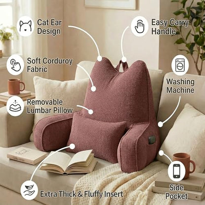 Patented Design Lounge Pillow with Arms for Couch & Bed, Extra Large Reading Pillow Backrest with Detachable Lumbar Support, Sitting Up Support Cushion with Side Pockets, Brick Brown - color: Brick Brown
