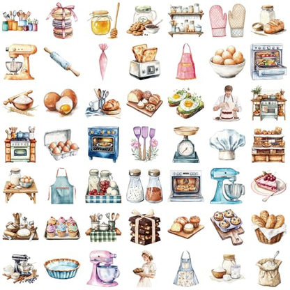 Baking Stickers for Teens & Adults, 50Pcs Transparent Kitchen Stickers for Water Bottles Scrapbook Laptop Journaling, Cute Food Decal for DIY Craft - style: Baking
