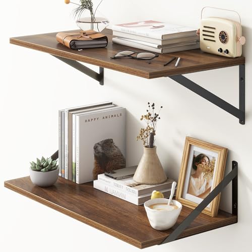 Deep Floating Shelves, 12 Inch Deep Floating Shelves for Wall, 24"W x 12"D Wall Shelves for Books, Large Rustic Wooden Shelf, Wide Display Shelf for Bathroom, Living Room, Walnut Color, Set of 2 - color: Walnut, size: 24"W x 12"D