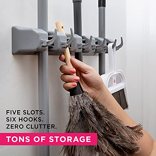 Berry Ave Broom Holder & Wall Mount Garden Tool Organizer- Kitchen, Closet, Garage & Laundry Room Storage With 5 Slots And 6 Hooks- Wall Holder For Broom, Rake & Mop Handles Up To 1.25” [Gray, 2 Pack] - color: Grey, size: 2 Pack