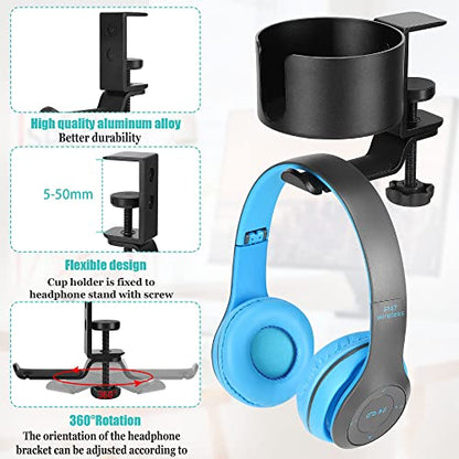2 in 1 Desk Cup Holder with Headphone Hanger Holder, Anti-Spill Cup Holder-360° Rotation Aluminum Alloy Stand Hook Bearing Capacity 10kg/22lb Suitable for Coffee Mups,Water Cups,Bag,Headphone