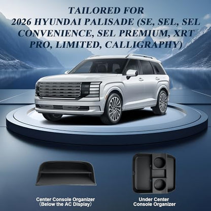 BIBIBO 2Packs for 2026 Hyundai Palisade Center Console Organizer 2026 Hyundai Palisade (SE, SEL, SEL Convenience, SEL Premium, XRT Pro, Limited, Calligraphy)Under Console Insert Tray+Divider Organizer - color: Black-(Console Under+Insert shelf)