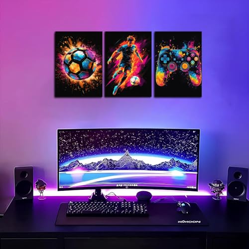 BGFCE Gaming Canvas Wall Art Decor, Paintings Art Game Controller Color Splash Ink Prints Painting, Posters for Room Aesthetic, Soccer Canvas Wall Art for Boys Room Decor 16x24 - Set of 3 Framed - color: Color Football Game Canvas, size: 24L" x 16W"