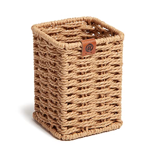 U Brands Woven Pencil Cup, Rattan-Inspired Wicker Style Office Organization Supplies, Natural Wood, 1 Count