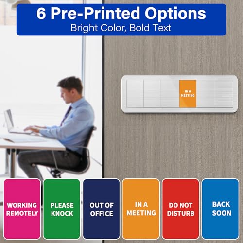 Office Door Signs with 6 Printed Status Options – Do Not Disturb, Out of Office, In a Meeting, Please Knock, Work from Home, Back Soon – Includes Custom Personalized Blank Sticker for Privacy Workspace or Studio Available and Away - style: Brushed Silver