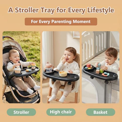Li&Zhao Universal Stroller Snack Tray 3-in-1 Detachable Stroller Snack Tray Attachment with Secure Phone Holder, Spill-Proof Cup Holders Compartments, Easy-Clean Universal Snack Tray for Stroller - color: C-Black