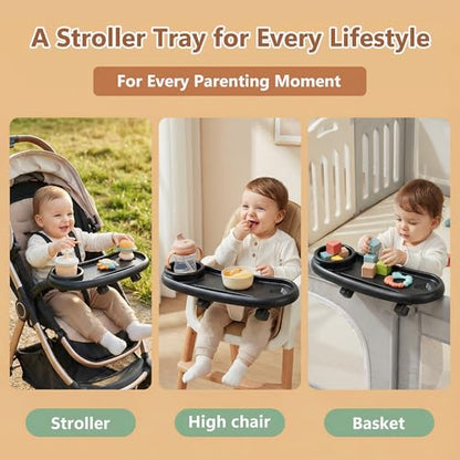 Li&Zhao Universal Stroller Snack Tray 3-in-1 Detachable Stroller Snack Tray Attachment with Secure Phone Holder, Spill-Proof Cup Holders Compartments, Easy-Clean Universal Snack Tray for Stroller - color: C-Black