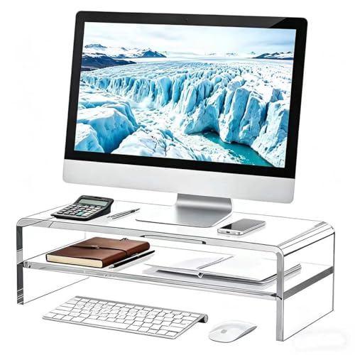 Acrylic Monitor Stand, 2 Tier Riser with Storage Shelf, Clear, 16/20 Inch, Home Office Desk Organizer (20in) - size: 20in