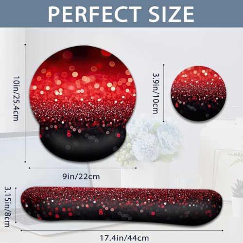 Red Glitter Wrist Rest Support for Mouse Pad Keyboard Set, Mouse Pad with Non Slip Rubber Base for Home and Office Typing Support - color: Red Glitter