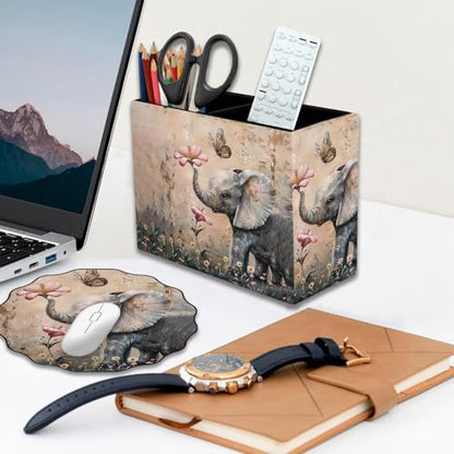 Pen Holder and Anti-Slip Mouse Pad Combination, Makeup Brush Storage Box, Tableware Storage Box, Suitable for Office and Home - Cute Little Elephant Flower - color: Cute Little Elephant Flower