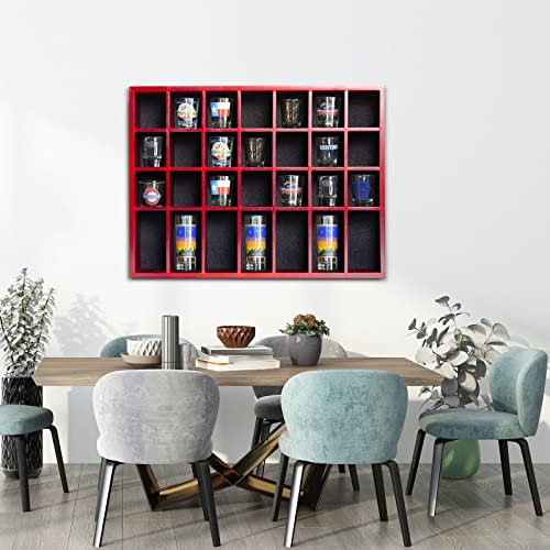 Shot Glass Display Case 18" x13" Solid Wood Wall Mounted Collection Cabinet 28 Slots Small Curio Cabinet Rack (No Door) Mahogany - color: Mahogany