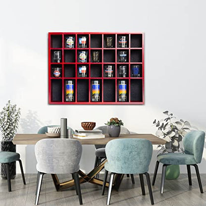 Shot Glass Display Case 18" x13" Solid Wood Wall Mounted Collection Cabinet 28 Slots Small Curio Cabinet Rack (No Door) Mahogany - color: Mahogany