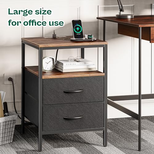 Huuger Night Stand with Charger Station, 27.7 Inch Tall Nightstand, Bed Side Table with 2 Fabric Drawers, Fabric Drawer Dresser for Bedroom, Living Room, Rustic Brown and Black - color: Rustic Brown and Black, size: 11.8"d X 17.7"w X 27.7"h (2 Drawers)