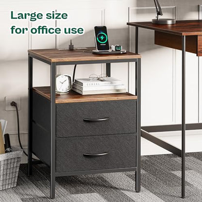Huuger Night Stand with Charger Station, 27.7 Inch Tall Nightstand, Bed Side Table with 2 Fabric Drawers, Fabric Drawer Dresser for Bedroom, Living Room, Rustic Brown and Black - color: Rustic Brown and Black, size: 11.8"d X 17.7"w X 27.7"h (2 Drawers)