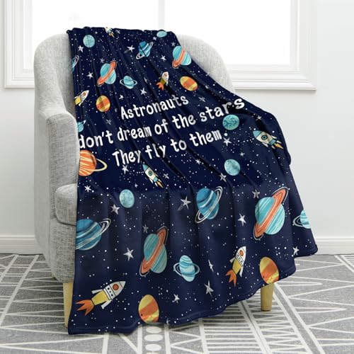 Jekeno Space Blanket Gifts for Boys Son Brother Birthday Christmas Inspirational Astronauts Planets Rockets Print Present Decor for Astronomy Lovers Home Sofa Couch Adults Kids Soft Cozy Throw 50"x60" - color: Dark Blue Space Gifts