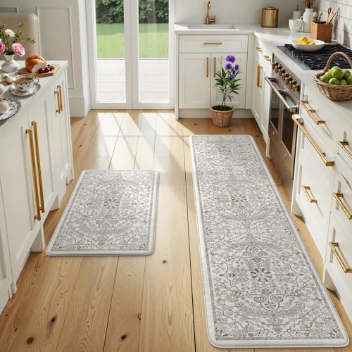 KIMODE Kitchen Mats for Floor Anti Fatigue, Boho Vintage Kitchen Rugs, Cushioned Kitchen Floor Mats, Comfort Standing Mat, Padded Kitchen Floor Mat for Sink Laundry Office Desk 20"x71"+20"x32" Grey - color: Light Grey/Multi, size: 20" x 71"+20" x 32"--0.4