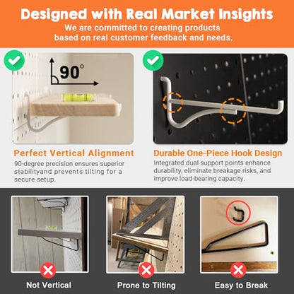 Solid Wood Pegboard Shelf, Pegboard Shelves with Pegboard Hooks, Pegboard Accessories for Craft Room, Garage, Gaming Room, 4 Pack
