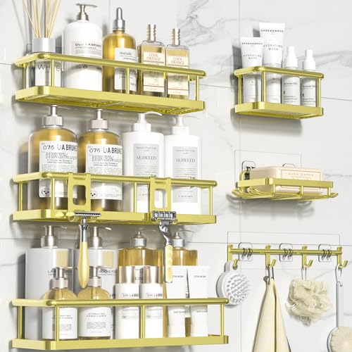 YASONIC Shower Caddy Adhesive, Rustproof Shower Organizer with Soap Holder, Large Capacity Shower Shelves for Inside Shower, No Drilling Bathroom Organizers and Storage for Home Decor（6 Pack Gold） - color: Gold, size: XL