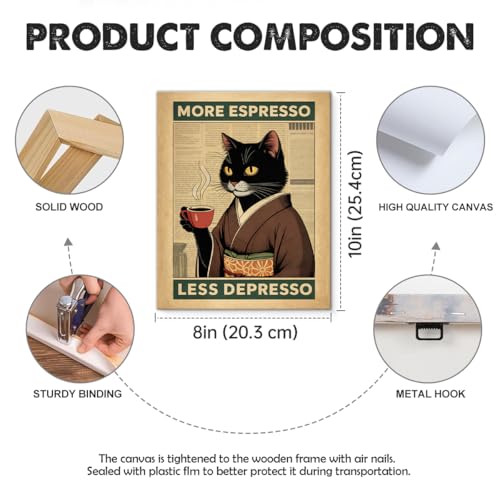Vintage Cat Coffee Lover Wall Art Print More Espresso Less Depresso Canvas Painting Artwork Wall Decor for Home Kitchen Coffee Station 8x10 Framed