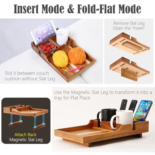 Nnewvante Couch Tray Insert with Cup Holder,2-in-1 Insert & Flat Sofa Organizer Acacia Wood with 2 Cup Holders,Fits Middle Couch or Ottomans,for Snacks, Drinks, Remotes,15.35x9.84-inch - color: Acacia Wood