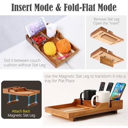 Nnewvante Couch Tray Insert with Cup Holder,2-in-1 Insert & Flat Sofa Organizer Acacia Wood with 2 Cup Holders,Fits Middle Couch or Ottomans,for Snacks, Drinks, Remotes,15.35x9.84-inch - color: Acacia Wood