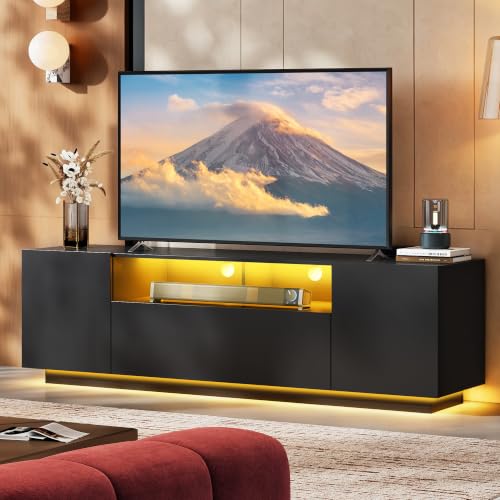 WLIVE LED TV Stand for 55/60/65 Inch TVs, Modern Entertainment Center with Storage Cabinets and Drawer, Gaming Media TV Console with RGB Lights for Living Room, Black - color: Black, size: 58'' Modern TV Stand
