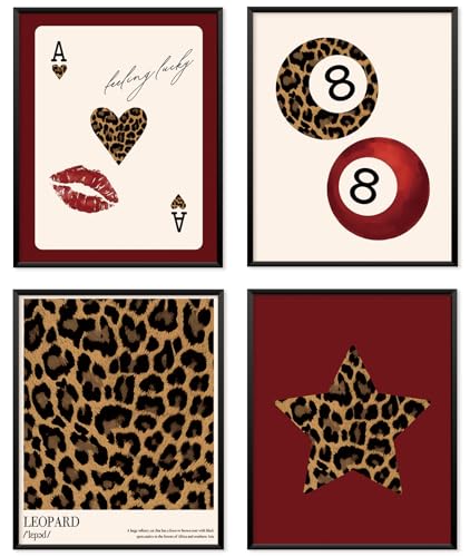 Locomiss Retro Funky Leopard Wall Art Posters, Cheetah Print Wall Decor, Trendy Feeling Lucky Poker 8 Ball Leopard Posters for Home Girls College Dorm Bedroom Decor, Set of 4(8x10 Unframed) - color: red