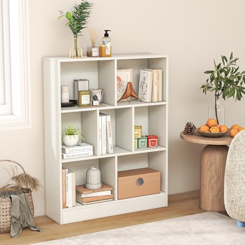 Giantex 7 Cube Bookcase, 4-Tier Freestanding Bookshelf w/ 7 Open Compartments, 2 Anti-Tipping Kits, Modern Display Cabinet, 41" Wood Cubby Storage Organizer for Living Room, Bedroom, White - color: White, size: 31.5" x 9.5" x 41"
