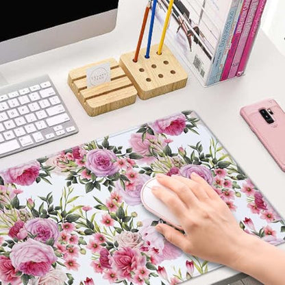 Floral Pattern with Roses Desk Mat Pink Large Extended Mouse Pad XL Desk Pad Gaming Mousepad Keyboard Mouse Mat for Computer Laptop 31.5''X11.8'' Non-Slip Rubber Base with Stitched Edges - color: Floral Pattern With Roses