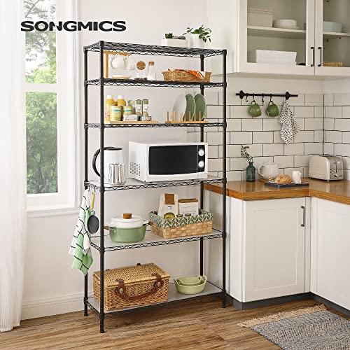 SONGMICS 6-Tier Storage Shelves, Wire Shelving Unit, Kitchen Metal Shelves, Storage Rack with Adjustable Shelves, Shelf Liners, 8 Hooks, for Garage, 13.8 x 35.4 x 69.7 Inches, Black ULGR096B01 - color: Ink Black, size: 6 Tiers (13.8"D x 35.4"W)