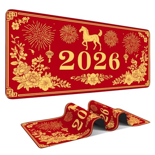 2026 Horse Year Extended Gaming Mouse Pad 35.4 x 15.7 Inch – Red Desk Mat for Gaming, Office, and Chinese New Year Celebrations, with Non-Slip Rubber Base - color: #11, size: 35.4 x 15.7 Inch