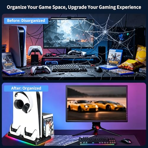 Cooling Station for Ps5/Slim/Pro Disc & Digital Playstation 5 Vertical Stand Organizer with Dual Controller Charger,16 Game Slots,7 Rgb,,3 Usb Ports,Headset & Remote Holder (White) - color: White