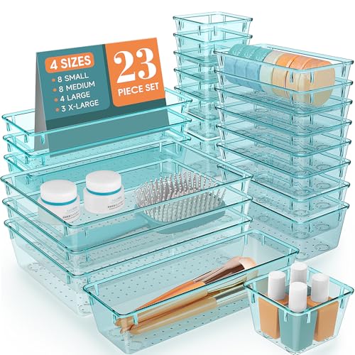StorMiracle 28 PCS Clear Plastic Drawer Organizers Set, 4 Size Desk Drawer Organizer Trays for Makeup, Jewelry, Kitchen Utensils, Gadgets and Office Accessories, Sea Blue - color: Sea Blue, size: 28 PCS