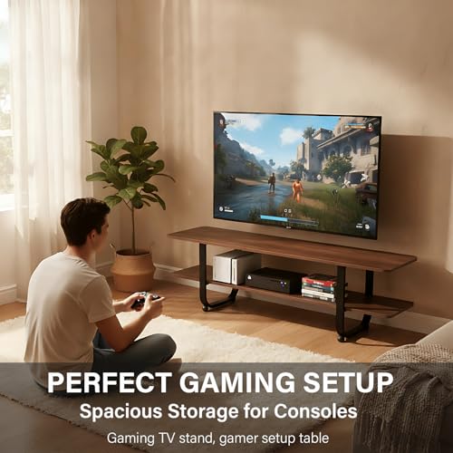 Tiita Bamboo TV Stand with Storage for TV up to 65 inch, Bamboo Rattan TV Console Entertainment Center with 2 Open Shelf, Mid Century Modern Media Console for Living Room, Bedroom - color: Grey