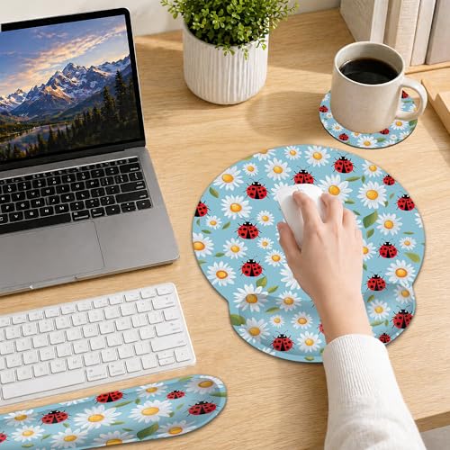 Ladybug Wrist Rest Mouse Pad and Keyboard Support Set,Daisy 3 in 1 Ergonomic Memory Foam Mousepad with Non Slip Base, Gaming Mouse Pad for Office and Home - color: Ladybug Daisy