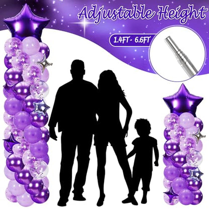 Gejoy 110 Pcs Purple Silver Balloons Column Stand Kit Adjustable Tower Stand from 1.4 to 6.6 ft with Bases for Back to School Wedding Birthday Baby Shower Party - color: Purple Silver