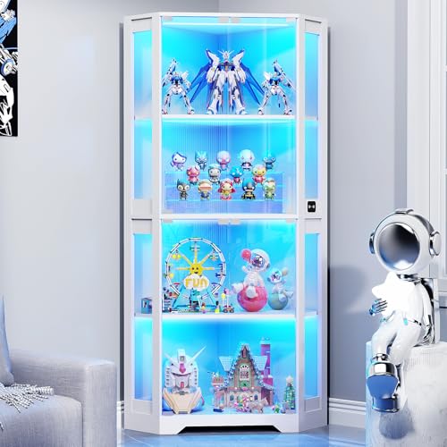 BROTTAR Corner Display Cabinet with Glass Doors, 65" Lighted Curio Display Case with 3 Color Lights for Collectibles, Books, 4-Tier Bookcase with Human Body Sensor, White - color: White