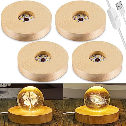 Honoson 4 Pcs LED Light Base - Wooden LED Base for Crystal Wood Light Display for Glass Art Lighted Stand for 3D Glass Resin Art(Round) - style: Round