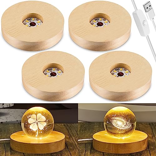 Honoson 4 Pcs LED Light Base - Wooden LED Base for Crystal Wood Light Display for Glass Art Lighted Stand for 3D Glass Resin Art(Round) - style: Round