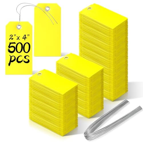 500 Pieces Plastic Shipping Tags With Wire - Waterproof Heavy Duty Labeling Tags With String Wires for Equipment Car Parts (Yellow, 2x4) - color: Yellow, size: 2x4