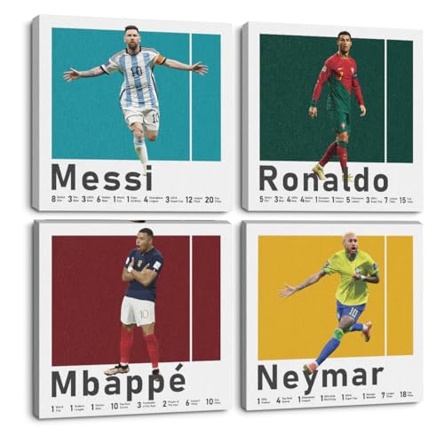 4PC Canvas Wall Art Framed Art Famous Soccer Superstar Room Decor Inspirational Sports Paintings Soccer Gifts Wall Decor Prints Picture for Boys Room Sports Club Playroom Home Decor 7.9x7.9 inch - color: Multi 1068