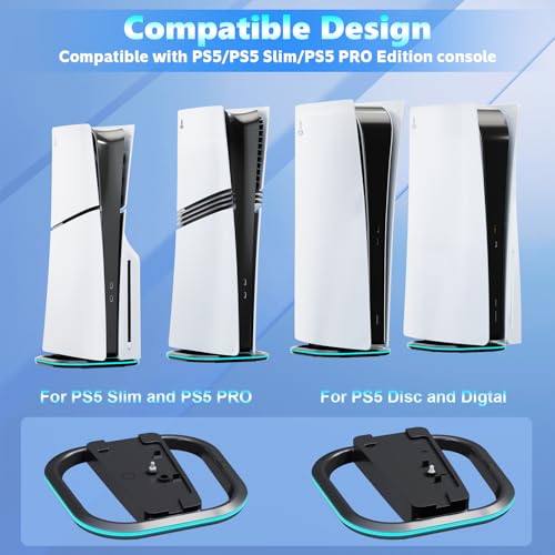 HONCAM Vertical Stand for PS5/PS5 Slim/PlayStation 5 Pro Consoles, PlayStation 5 Vertical Holder with 7 RGB Lights and a Screw, Black - color: Black