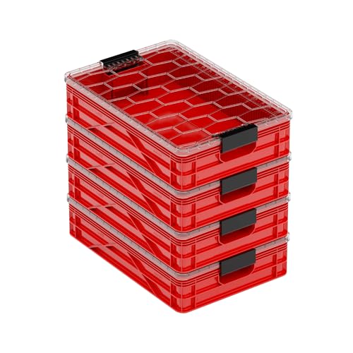 SIDIO Quarter Crate 4 Pack of Stackable Storage Bins - Organizer Bins with Dividers for Garage Organization, Home Storage - Heavy Duty Plastic Containers - 19.16” x 12.75”x 4.57” (Red) - color: Red