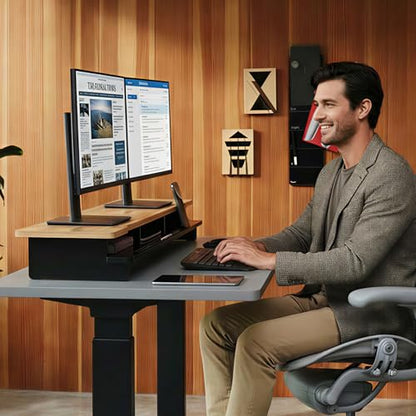 42.5” Monitor Stand Desk Shelf with Phone Tablet Holder Black | desk organizer for 55"–72" desk computer setup ergonomic relief easy assembly excellent stability keyboard storage Wood