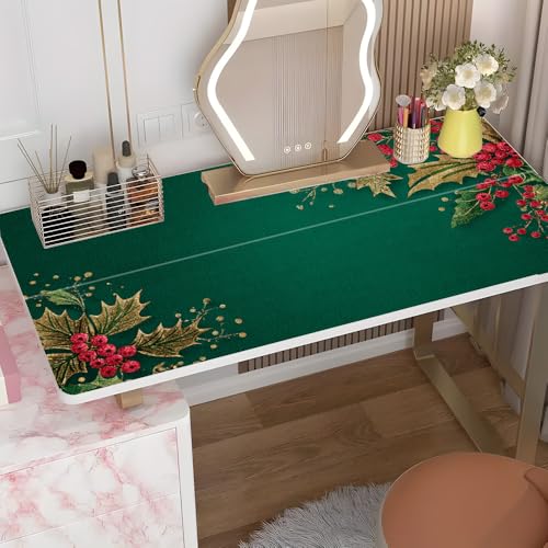 Green Gold Holly Berry Desktop Sticker 39.37x23.62In, Classic Christmas Corner Desk Decal, Easy Clean Table Surface Sticker, Elegant Holiday Home Decor - color: Colorful196