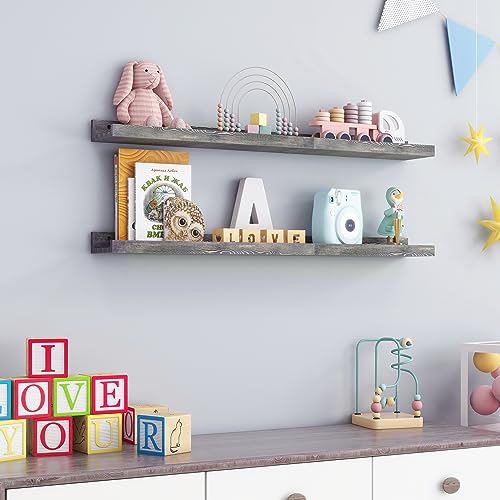 FLYJOE 36 Inches Floating Shelves for Wall, Solid Pine Wood Picture Ledge Shelves, Wall Shelves with Lips, Nursery Book Shelves for Toys Storage Living Room Bedroom Photo Frames (2 Pcs, Grey) - color: Grey, size: 36'', set of 2